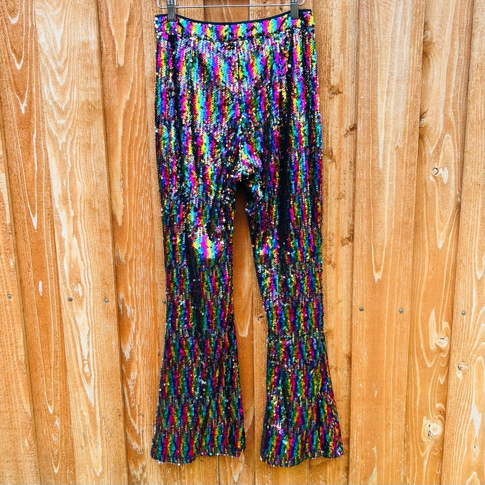 SUGARLIPS Rainbow Sequin Wide Leg Flare Pants Party Shimmer Glitter Size S - Picture 3 of 8